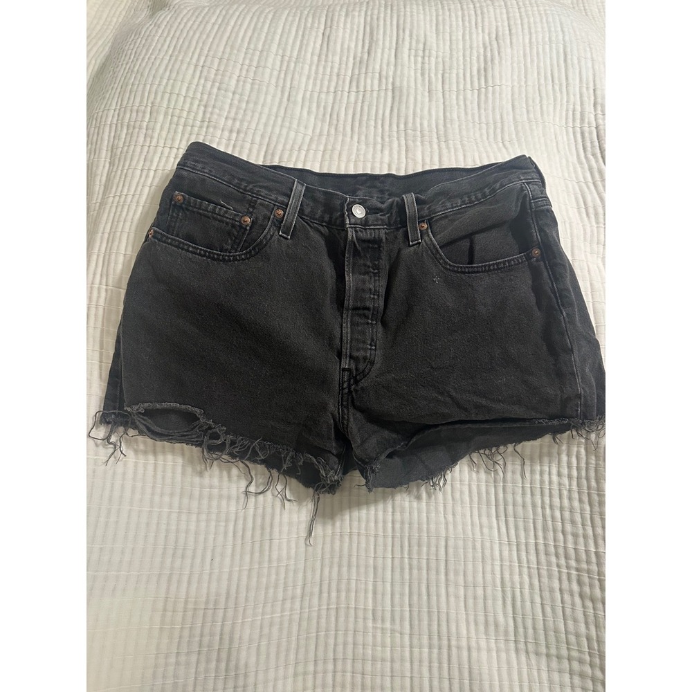 Levis 501 Original Cut Off Denim Shorts Washed Black Button Fly W32 Size 10 12